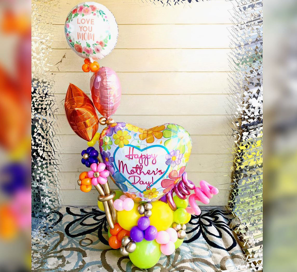 HMD Love You Mom Flower Printed Heart Balloon Bouquet