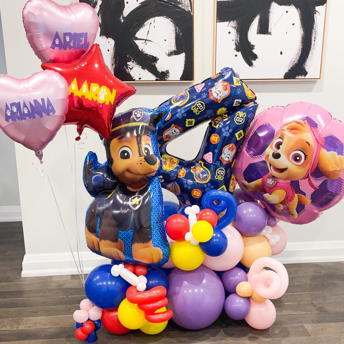 4th Birthday Paw Patrol Theme Hearts Balloon Bouquet