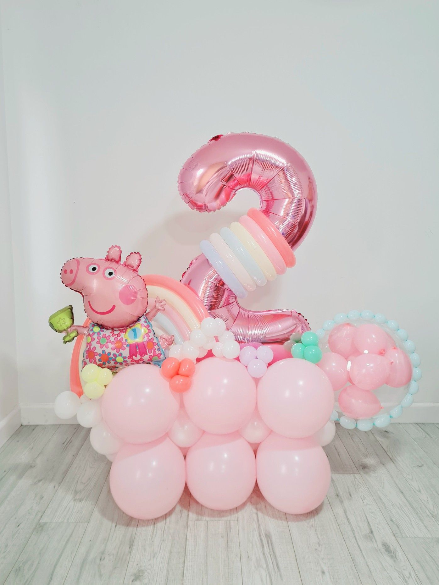 Peppa Pig & Supershape Number With Pastel Pink Balloon Bouquet