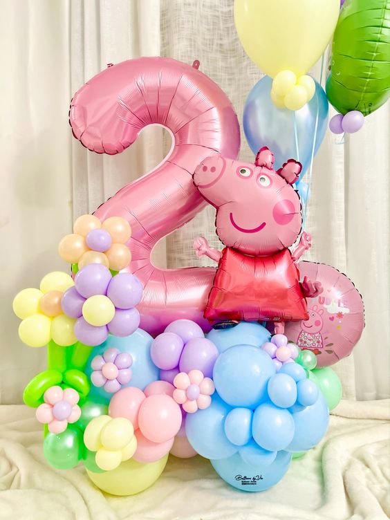 Peppa Pig & Supershape Number With Flower Designed Balloon Bouquet