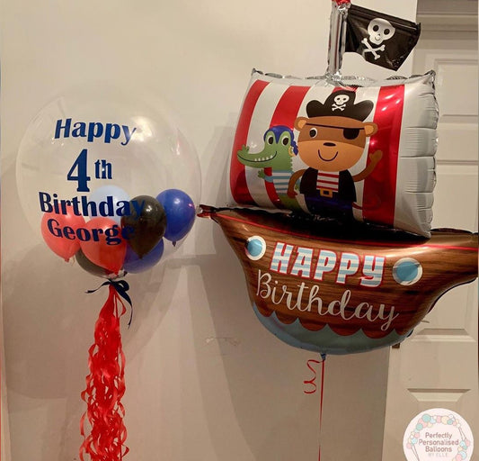 4th Birthday Cartoon Pirate Ship Bubble Balloon Bouquet
