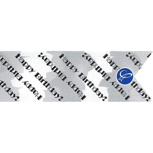 HAPPY BIRTHDAY SILVER WHITE BACK RIBBON 
