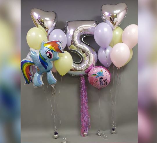 5 Number Little Pony Silver Heart Balloon Bouquet
