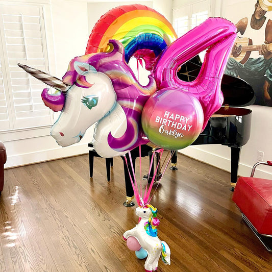 Unicorn And Rainbow Theme 4th Birthday Balloon Bouquet