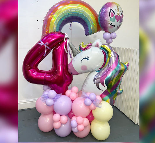 Unicorn And Rainbow Theme 4th Birthday Balloon Cluster Balloon Bouquet