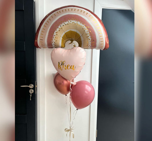 Boho Rainbow Theme Personalized Heart Balloon Bouquet