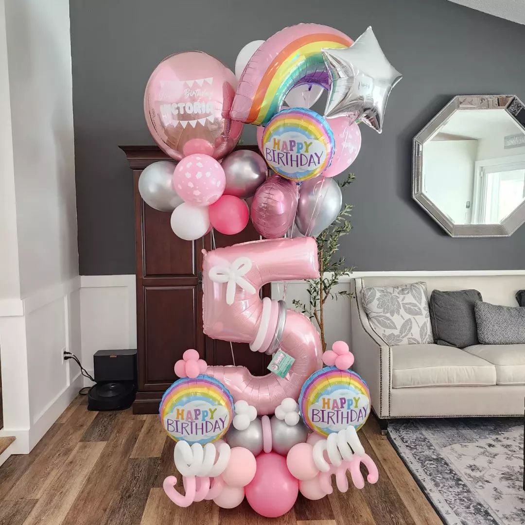 5th Birthday Rainbow Theme Cluster Balloon Bouquet