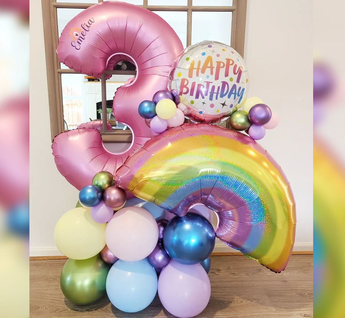 3rd Birthday Rainbow Theme Cluster Balloon Bouquet