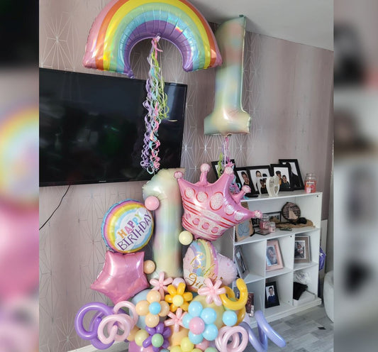 1st Birthday Rainbow And Crown Theme Cluster Balloon Bouquet