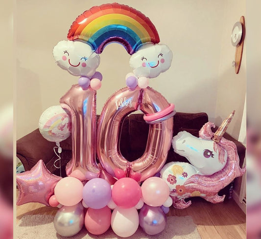 10th Birthday Rainbow Theme Unicorn Cluster Balloon Bouquet