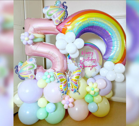 5th Birthday Rainbow And Butterfly Theme Cluster Balloon Bouquet