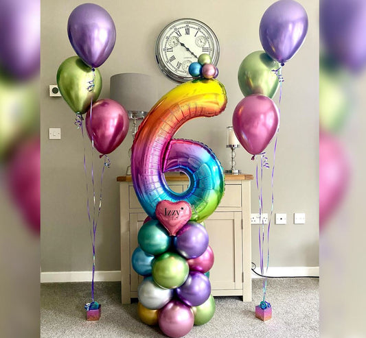 6th Birthday Rainbow Theme Chrome Balloon Bouquet