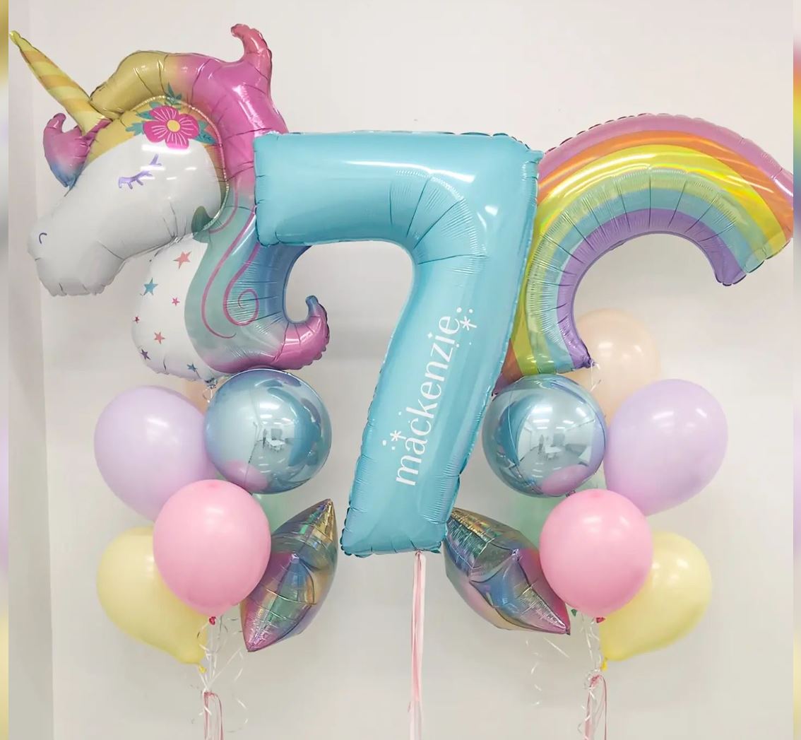 Unicorn And Rainbow Theme 7th Birthday Balloon Bouquet