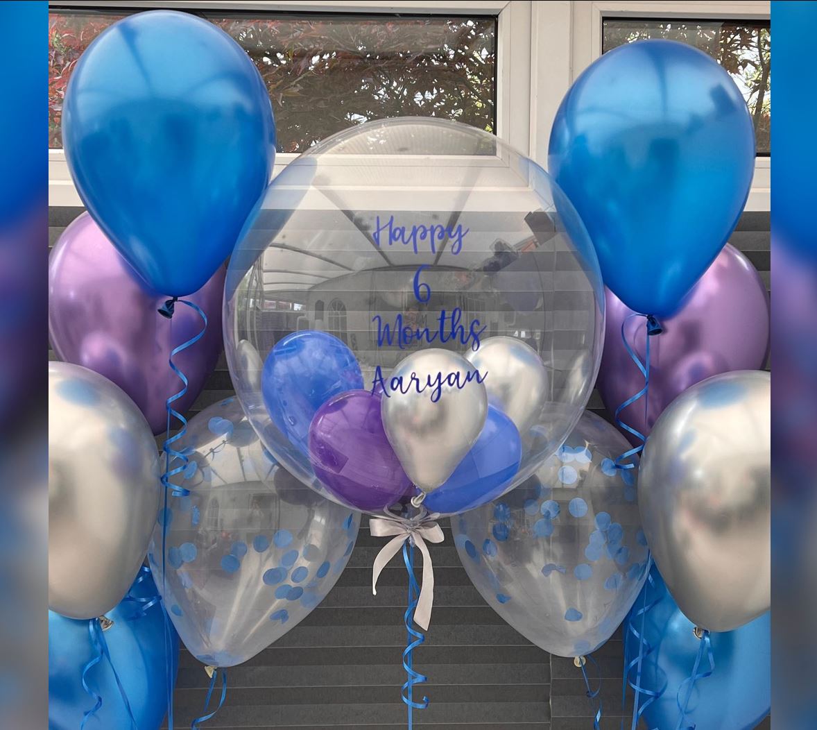 Blue And Silver Theme Personalized Bubble Balloon Bouquet