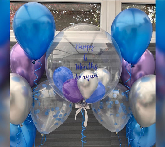 Blue And Silver Theme Personalized Bubble Balloon Bouquet