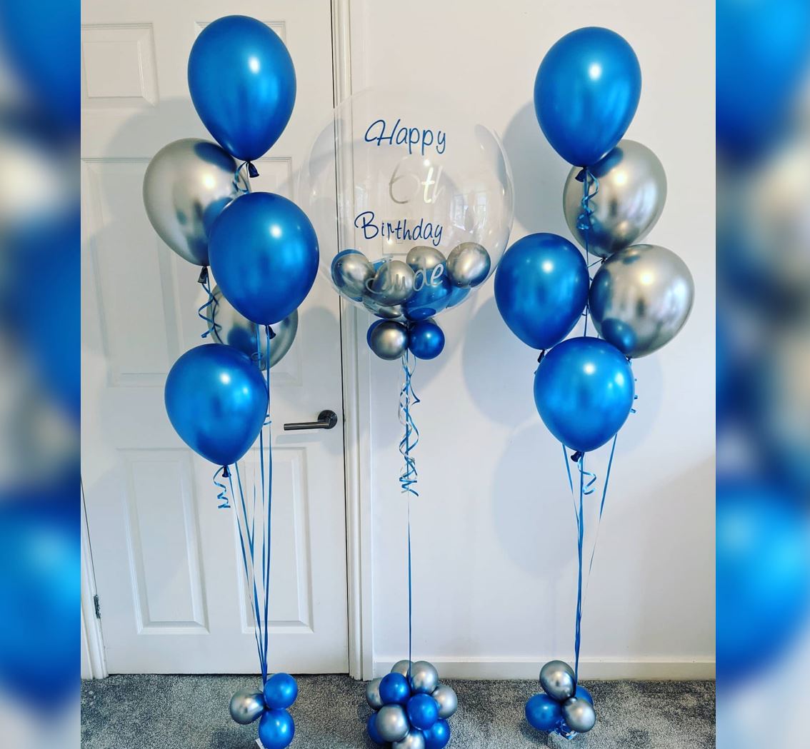 6th Birthday Silver And Blue Theme Bubble Balloon Bouquet