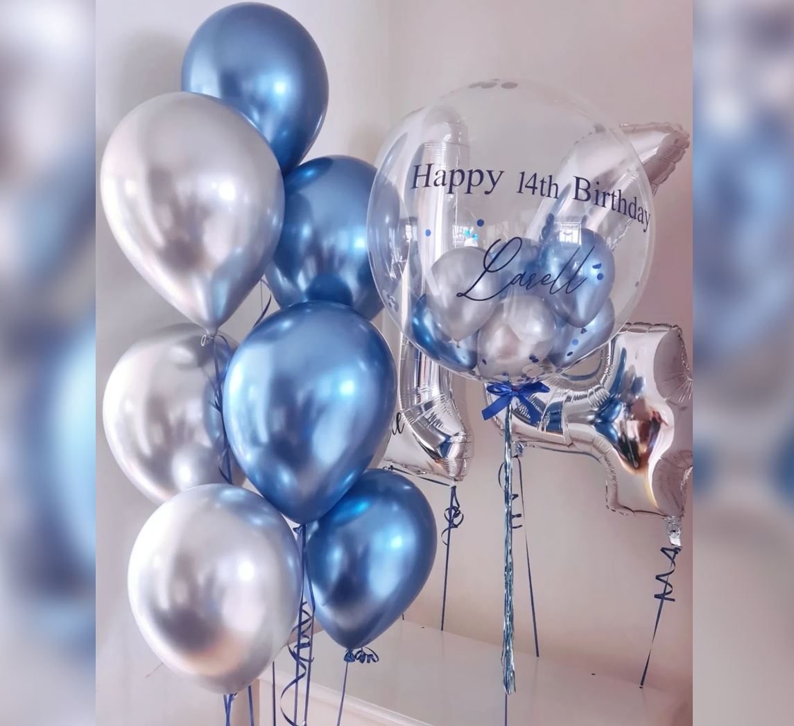 14th Birthday Silver And Blue Theme Bubble Balloon Bouquet