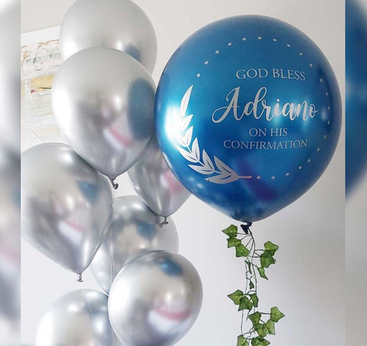 Silver And Blue Personalized Balloon Bunch