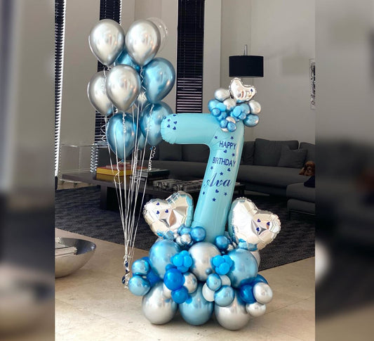7th Birthday Blue And Silver Theme Heart Balloon Bouquet