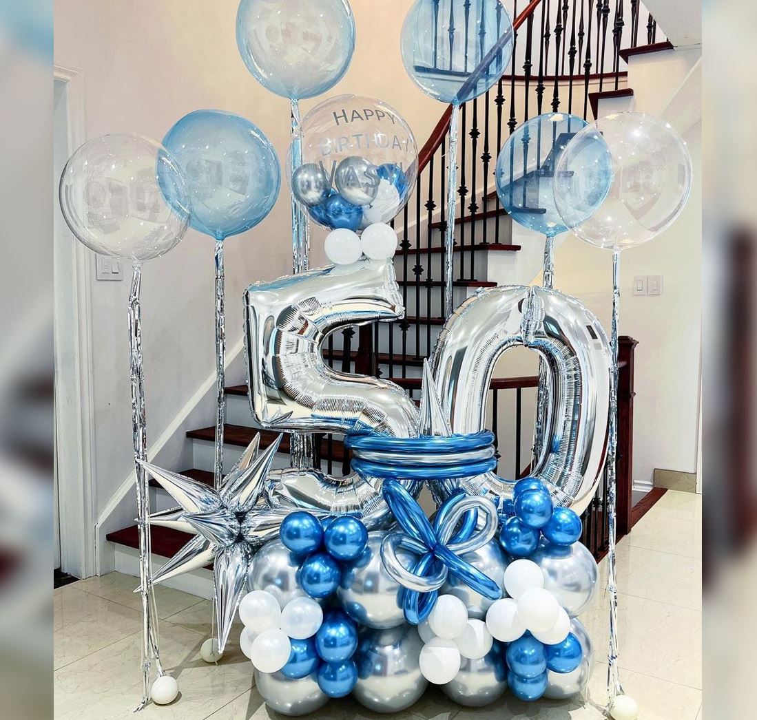 50th Birthday Blue And Silver Theme Bubble Cluster Balloon Bouquet