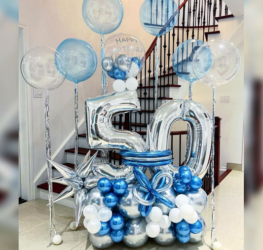 50th Birthday Blue And Silver Theme Bubble Cluster Balloon Bouquet