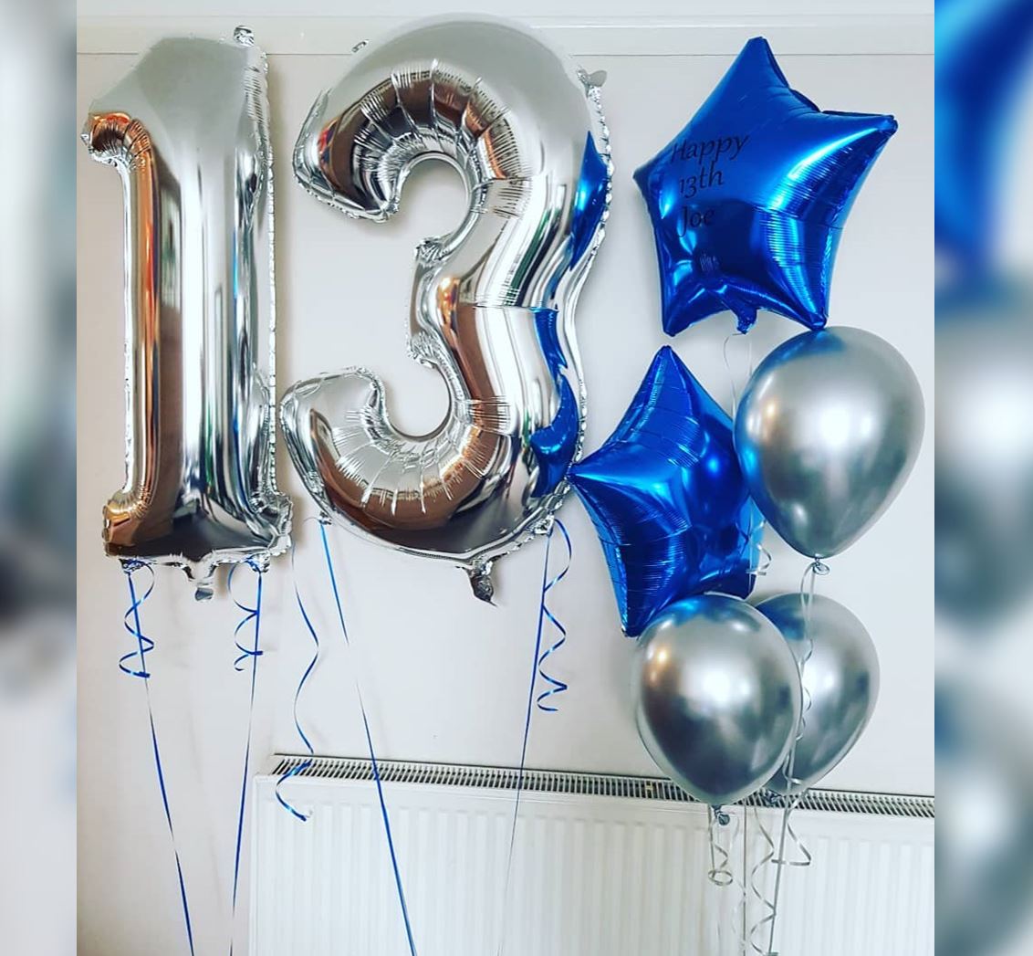 13th Number Blue And Silver Theme Star Balloon Bouquet