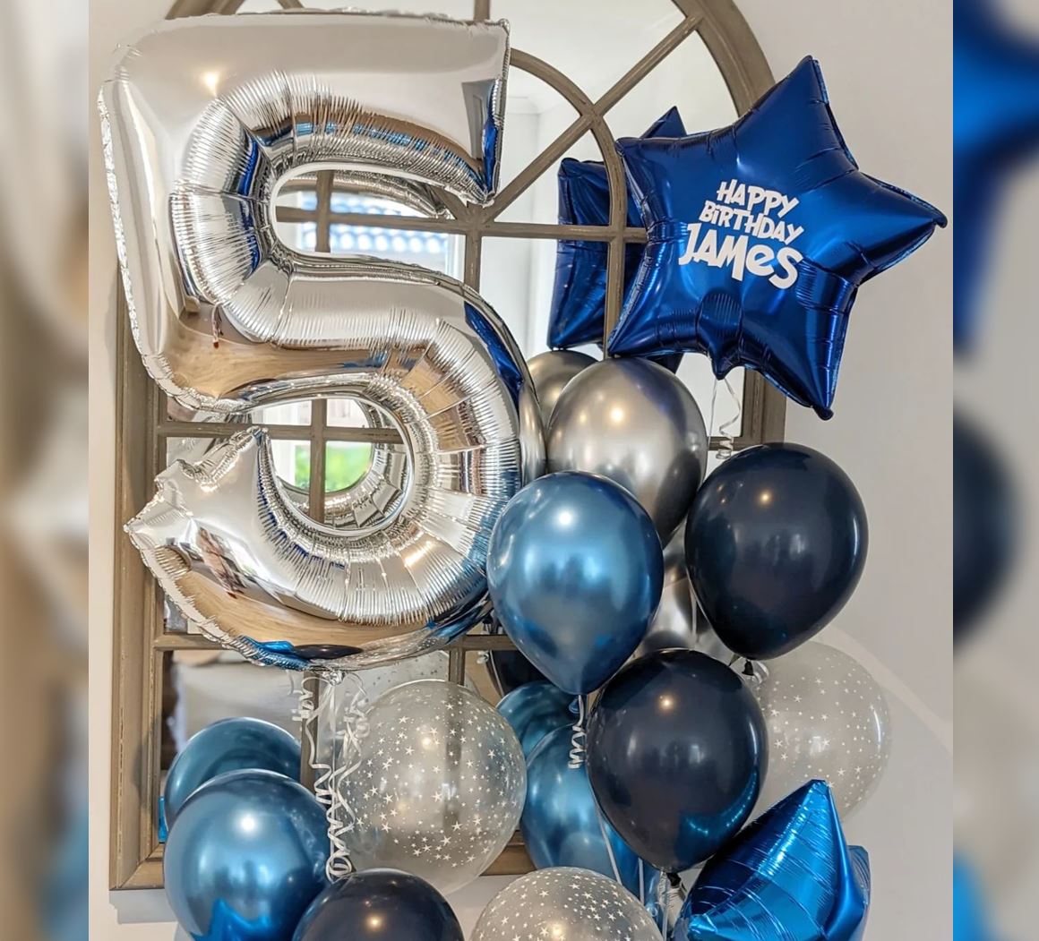 5th Birthday Silver And Blue Theme Balloon Bouquet
