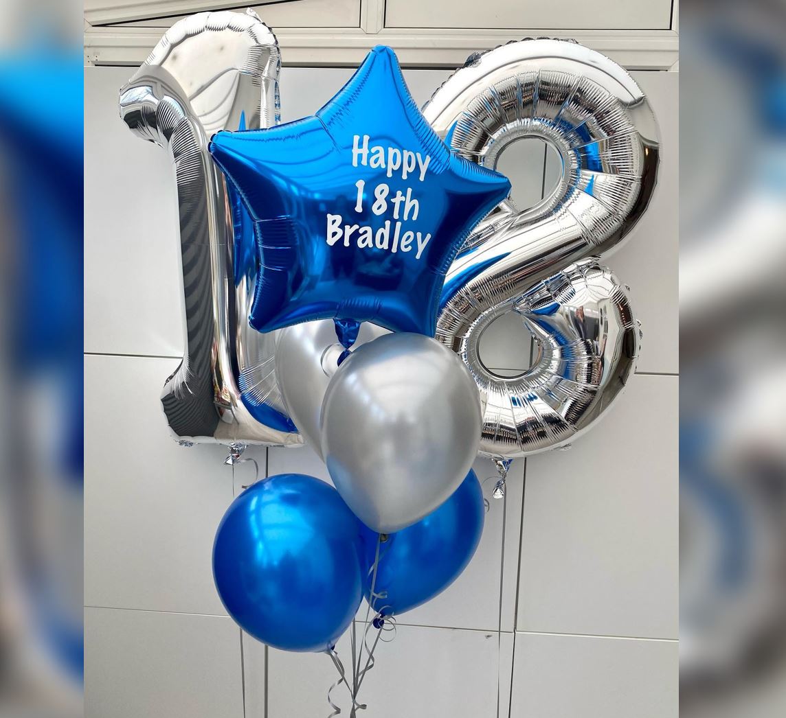 18th Birthday Blue And Silver Personalized Balloon Bouquet