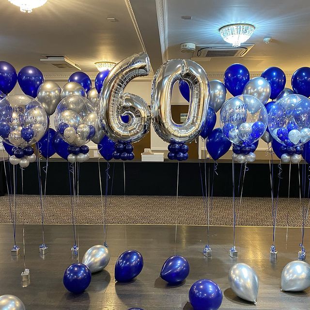 60th Birthday Blue And Silver Balloon Bouquet