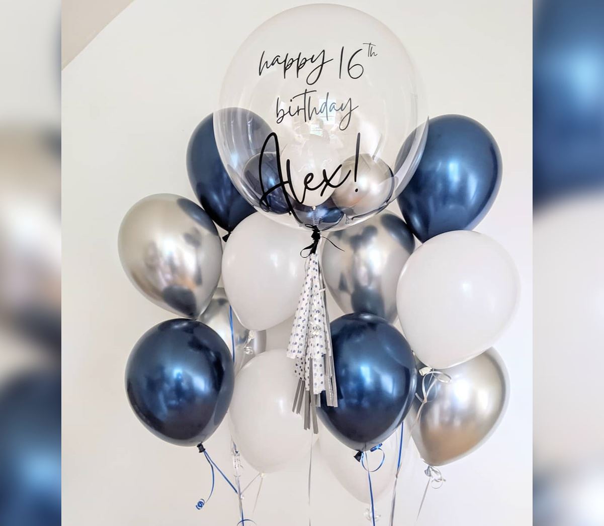 Blue And Silver Theme Personalized Bubble Balloon Bouquet