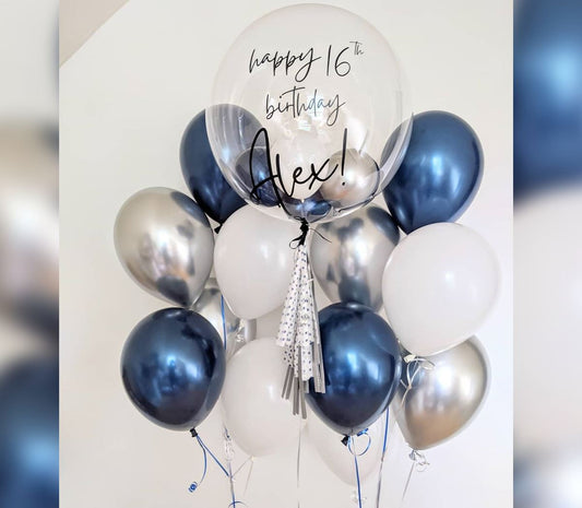 Blue And Silver Theme Personalized Bubble Balloon Bouquet