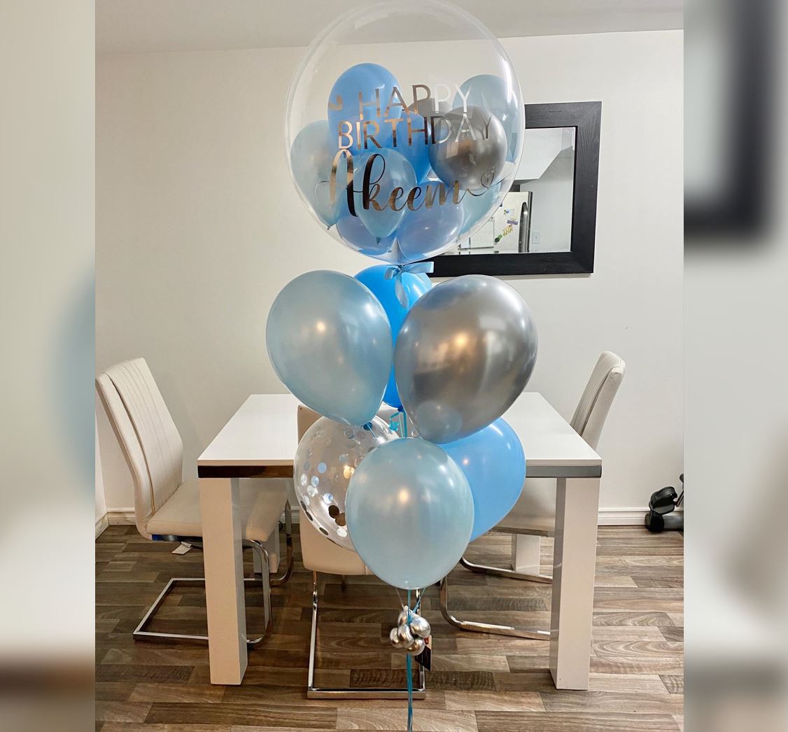 Silver And Blue Theme Personalized Bubble Balloon Bouquet
