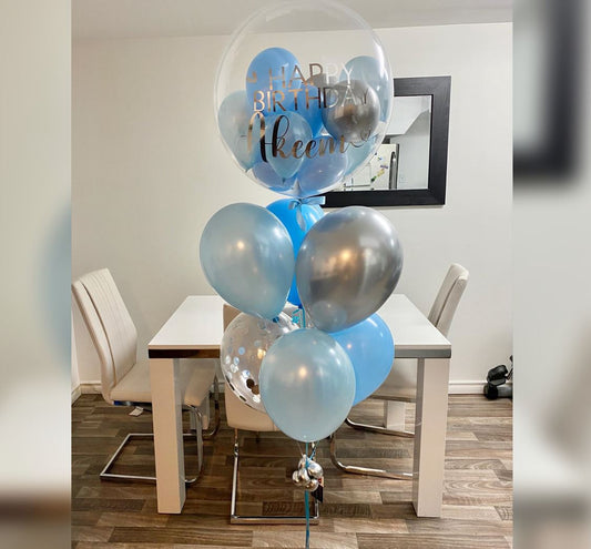 Silver And Blue Theme Personalized Bubble Balloon Bouquet
