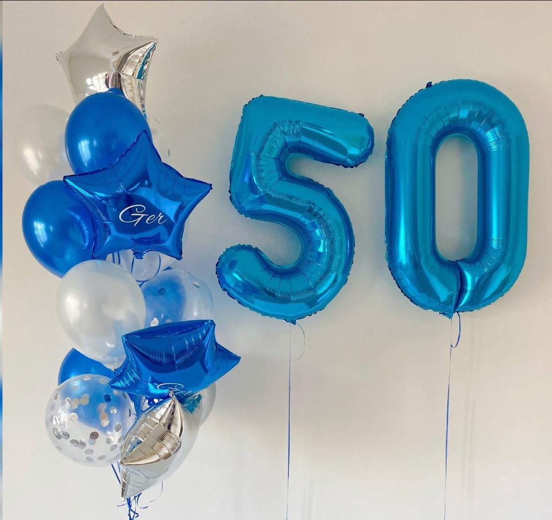 50th Birthday Silver And Blue Theme Balloon Bouquet