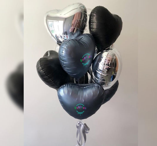 Silver And Black Heart Balloon Bunch