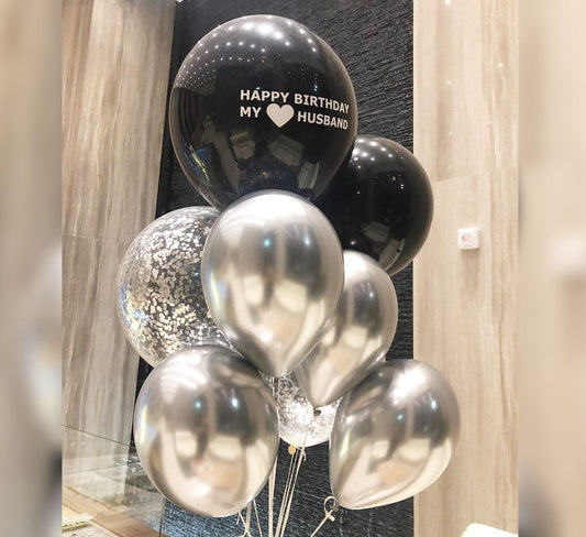 HBD Jumbo Black Latex And Silver Balloon Bouquet