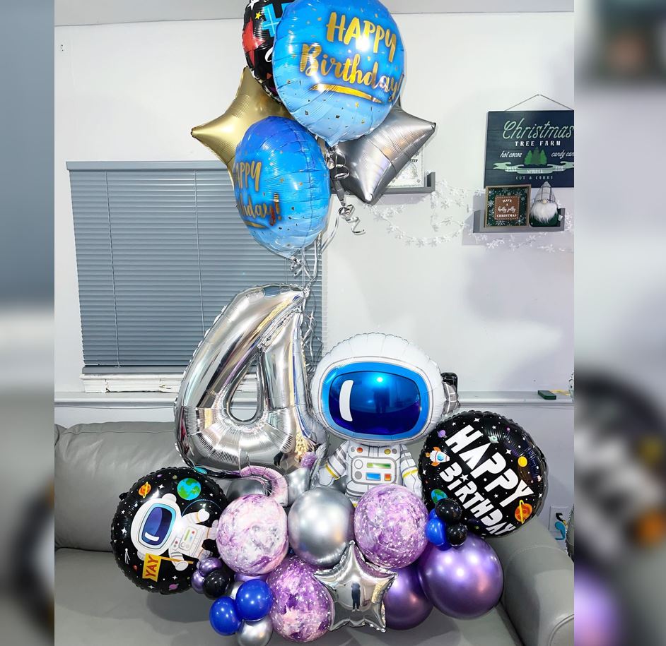 4th Birthday Astronaut Theme Cluster Balloon Bouquet