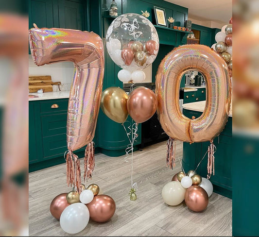 70th Birthday Bubble And Rose Gold  Balloon Bouquet