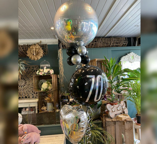 70th Sparkle Birthday Silver ORBz Balloon Bouquet