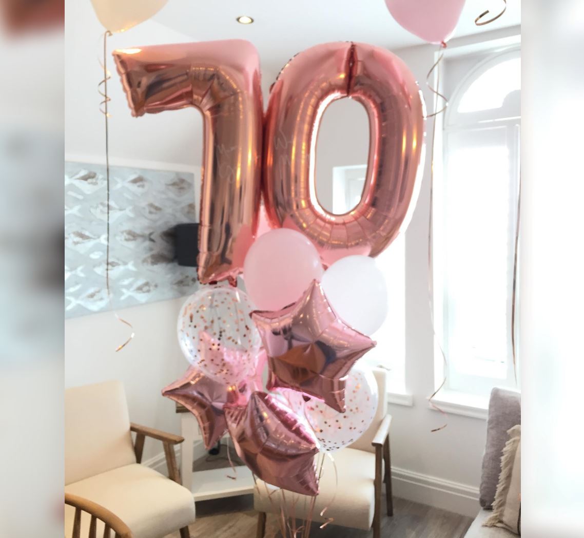 70th Birthday Rose Gold Star And Confetti Balloon Bouquet