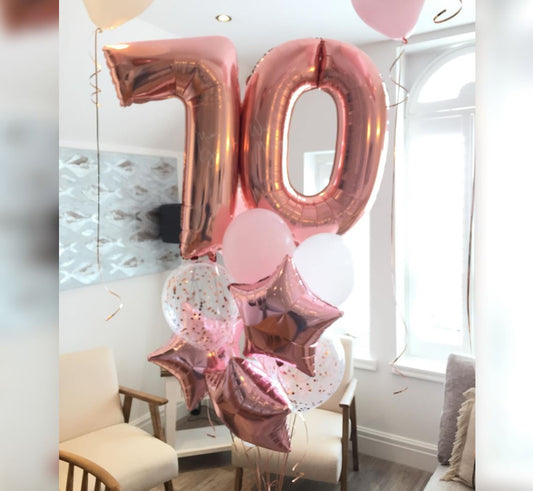 70th Birthday Rose Gold Star And Confetti Balloon Bouquet