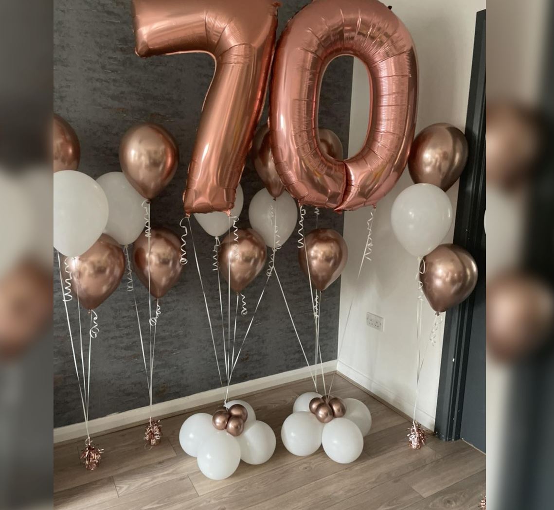 White and Gold Theme 70th Birthday Balloon Bouquet