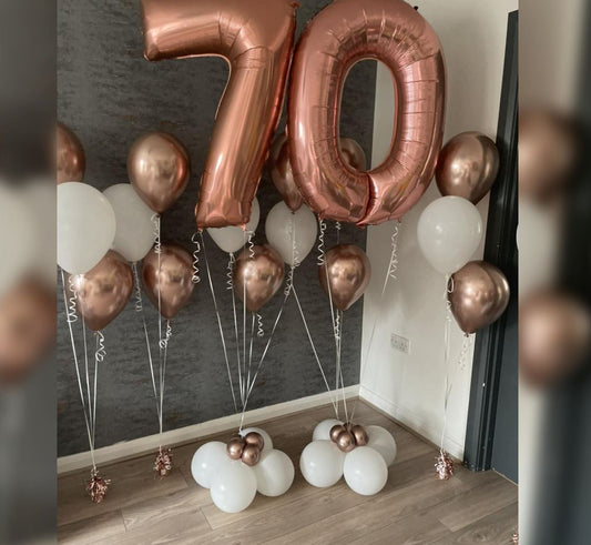 White and Gold Theme 70th Birthday Balloon Bouquet