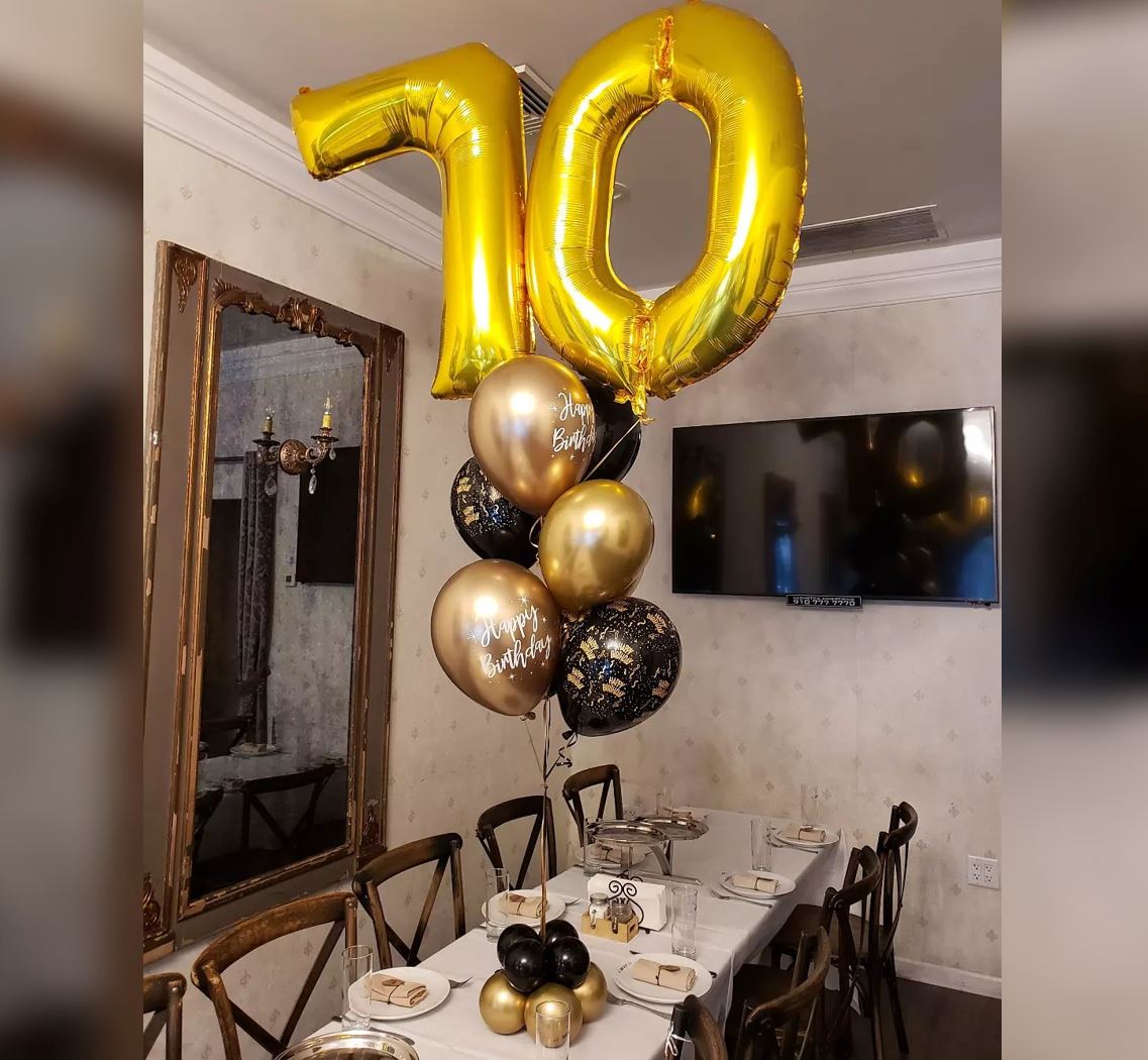 Chrome Gold And HBD Latex 70th Birthday Balloon Bouquet