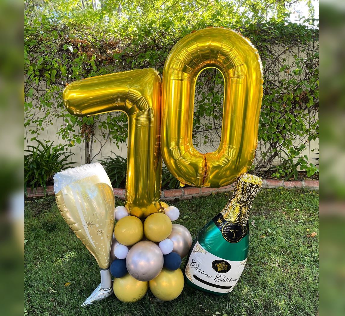 70th Theme Bubble Wine Glass And Bottle Balloon Bouquet