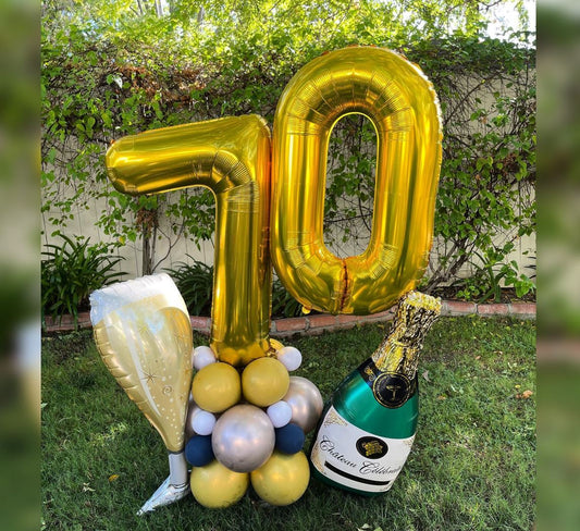 70th Theme Bubble Wine Glass And Bottle Balloon Bouquet