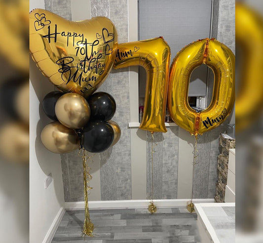 70th Birthday Personalised Gold Heart Balloon Bouquet