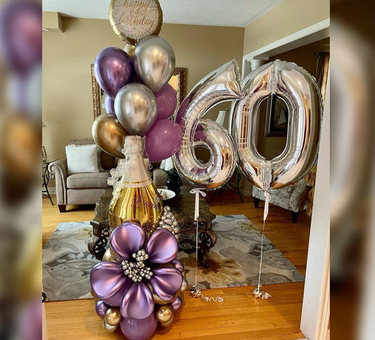 60th Birthday Golden Bubble Wine Bottle Balloon Bouquet
