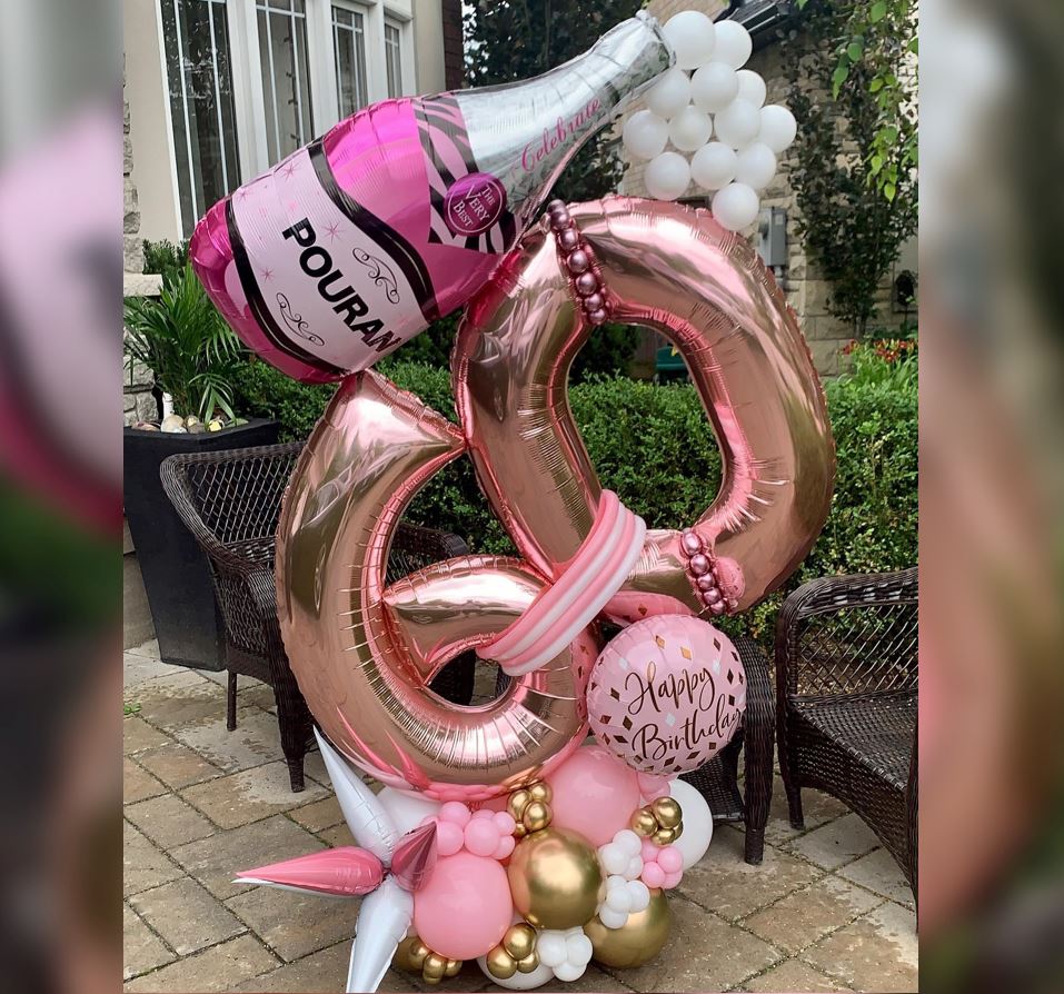 Pink Bubbly Wine Bottle 60th Cluster Balloon Bouquet