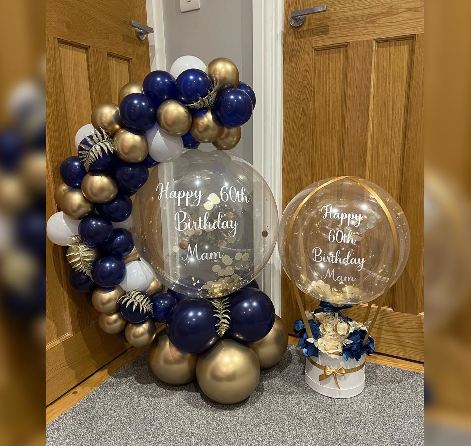 60th Mom's Birthday Arch And Basket Bubble Balloon Bouquet